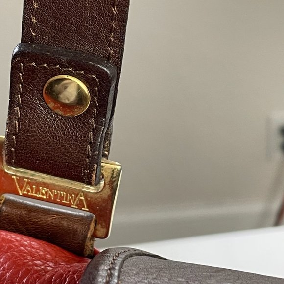 VALENTINA Double Strap Soft Red Brown Leather Zipper Pouch Pockets Gold Hardware - Picture 5 of 16